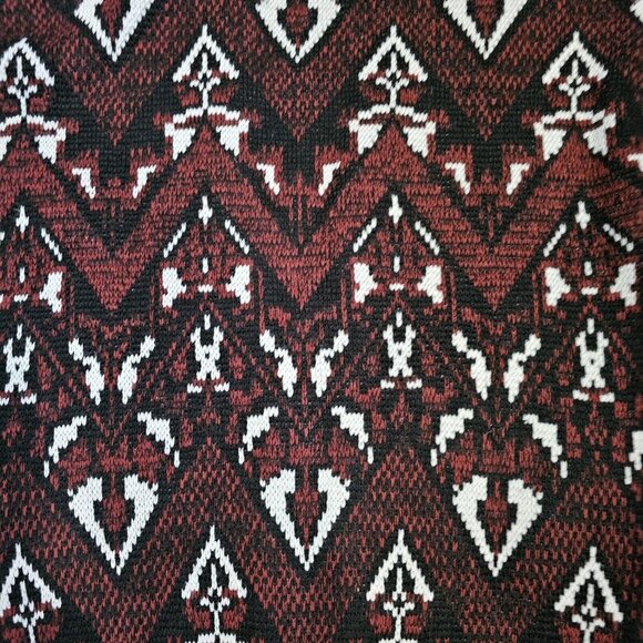 Vintage Mens Medium Grandpa Cardigan Sweater Maroon Geometric Leather Accents - Picture 2 of 7